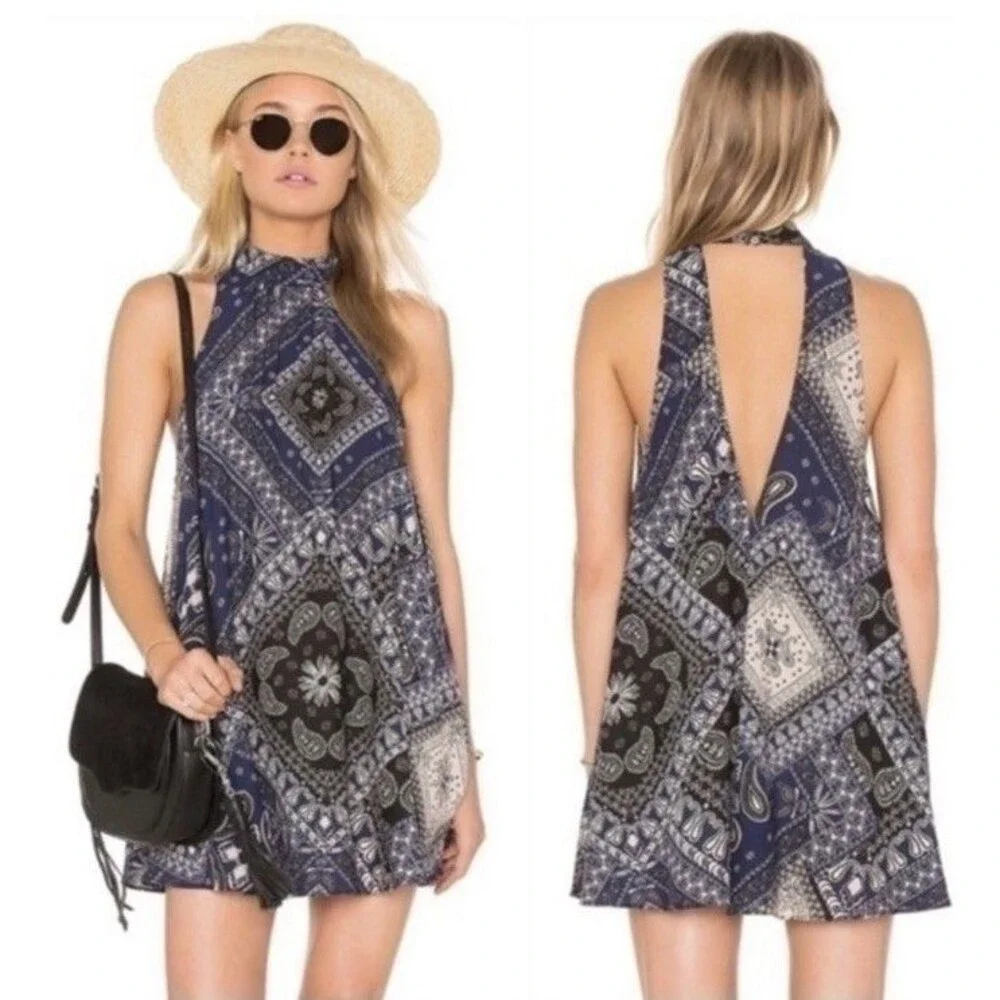 Free People Intimately Beaux Bandana Print Swing Dress Blue Open Back Mini Small